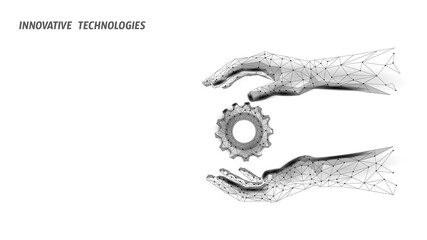Gear mechanism held by hands. Digital polygon technology process automation solution. Engineering manufacturing innovation development concept. White background polygonal vector