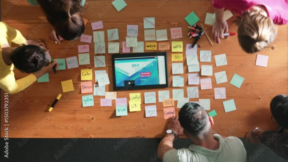 Poster top down view of programmer brainstorming and planning about web design while looking at tablet wire