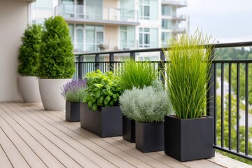 Obraz premium Potted plants decorating a modern balcony overlooking the city