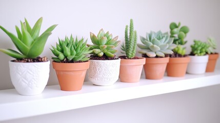 Obraz premium Minimalist Display of Potted Succulents on White Shelf