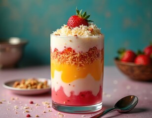 Delicious layered Falooda dessert. Fresh strawberry, mango flavors. Glass filled with ice cream, sweet basil seeds and nuts. Refreshing cold drink for summer, holiday.