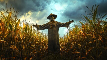 Spooky Scarecrow Stands Guard in Cornfield Under Dramatic Stormy Sky