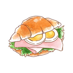 美味しそうなハムとたまごのロールパンサンド　水彩風