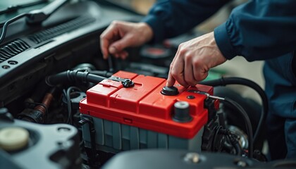 Obraz premium Technician checks car electric battery. Auto repair service. Car maintenance, automotive technology, battery replacement, electrical system diagnostic. Mechanic hand with tool.