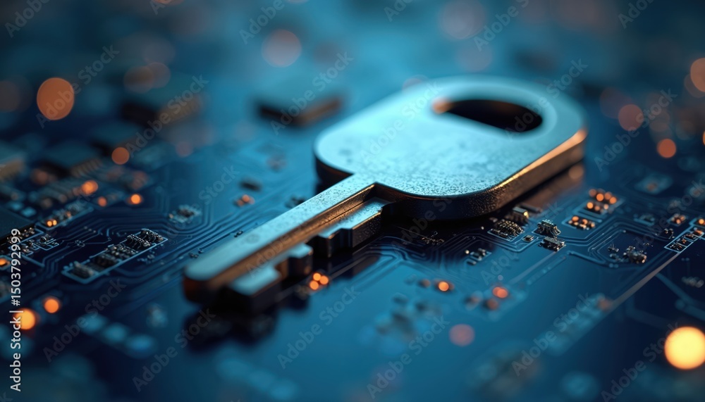 Poster digital key on dark blue it computer background. internet banking technology information security we