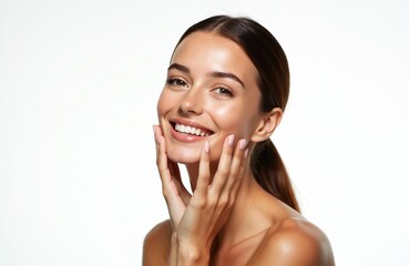 Beautiful caucasian woman smiles. She touches face skin with hands. Healthy radiant skin, fresh beauty, perfect teeth, clear smile in studio. Beauty treatment.