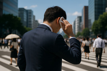 真夏の交差点で汗を拭うビジネスマンと都市を行き交う人々