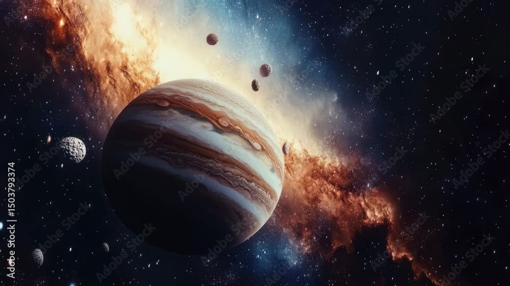 Wall mural majestic jupiter floating in a vibrant galaxy surrounded by shimmering stars and cosmic clouds, gala