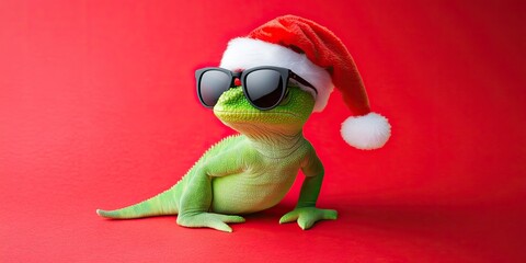 Green lizard wearing Santa hat and sunglasses on red background