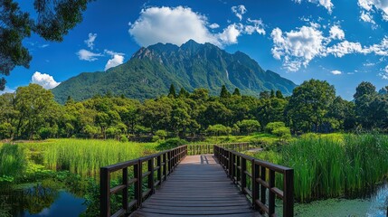 Fototapeta premium Panoramic view of a wooden bridge in a lush park, leading to a mountain