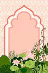 Naklejka premium Pink floral frame with lotus flowers and tropical plants