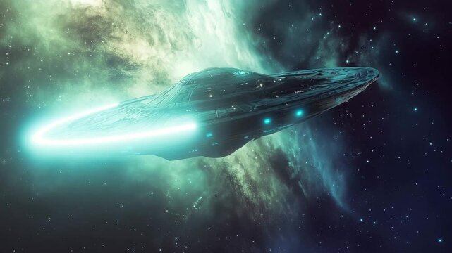UFO spacecraft gliding through vibrant cosmic space in an alien fantasy journey, ufo aircraft fly in space, alien transport, fantasy video background ing