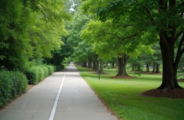 Fototapeta premium Silver Comet Trail in Dallas Georgia. Concrete walking path lined trees. Green grass, leaves, bushes. Summer day, sunny weather. Nature scene for outdoor recreation, active lifestyle, exercise.