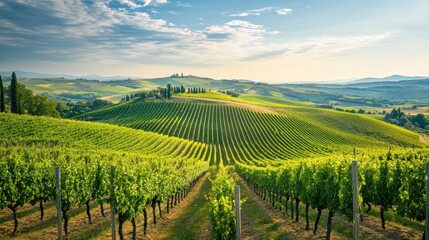 Lush Vineyard Landscape with Rolling Hills and Cloudy Sky in Tuscany, Italy
