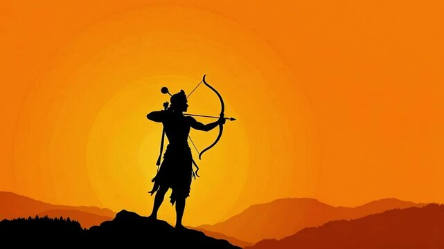 Majestic Lord Rama Silhouette with Bow and Arrow 4K Footage perfect for Ram Navami celebrations and religious media projects.