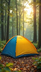Camping tent set up in lush green woods. Tall trees surround a colorful blue-yellow tent creating peaceful nature scenery. Travel adventure exploring wilderness, relaxation, summer vacation escape.