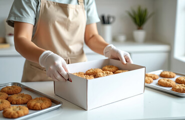 Asian woman bakery shop owner prepares cookie order. Female baker packs baked goods in delivery box. Small business entrepreneur, food delivery, online shop concept.