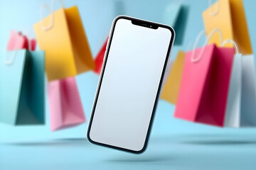 A modern smartphone floats in front of colorful shopping bags, symbolizing online shopping and digital commerce. Perfect for e-commerce visuals.