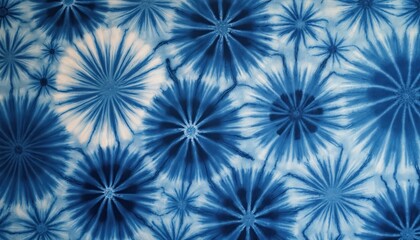 Abstract tie-dye pattern, blue white burst designs. Dynamic, vibrant expression, reminiscent fireworks. Creative textile, fashion design. Decorative element for retro art, bohemian themes.