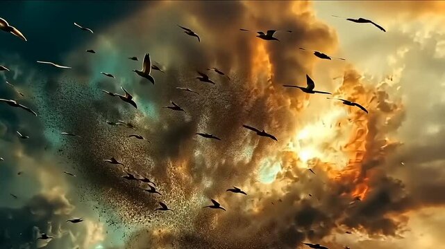 Dramatic sky filled with swirling clouds and flocks of birds against a vibrant sunset backdrop