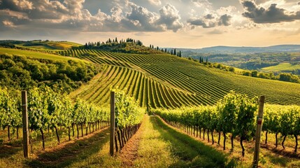 Fototapeta premium Tuscan Vineyard Landscape with Dramatic Cloudy Sky and Lush Green Vines