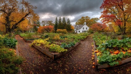 Naklejka premium Autumn garden with house and overcast sky