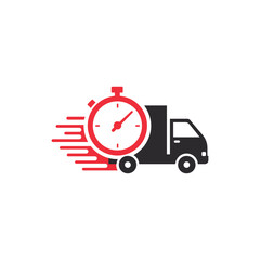 Delivery truck icon vector isolated on white background, flat line cargo van moving fast, idea of fast shipping service label