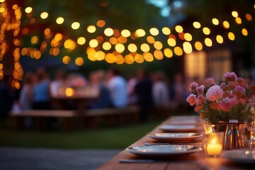 Rustic wooden table adorned with flickering candles and fresh floral arrangements in vintage vases, summer evening garden party ambiance under twinkling fairy lights with shallow depth of field and so