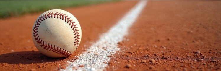 Baseball ball rests on the field near white chalk line. Close-up on the stitching texture of the ball on brown soil. Sport equipment, competition, baseball game action.