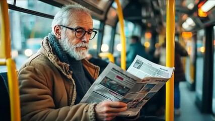 Elderly man reading a newspaper on a bus, surrounded by urban scenery and soft evening light - Powered by Adobe
