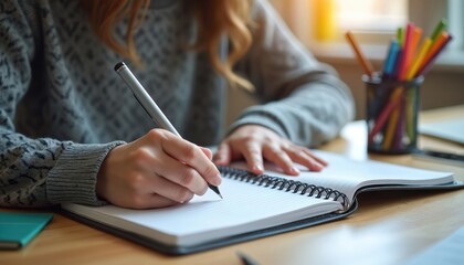 Close-up of a person hands writing in a notebook with a pen. Student, teacher, or author preparing lesson plans. Wooden desk with stationery, pens. Education, study, learning concept.