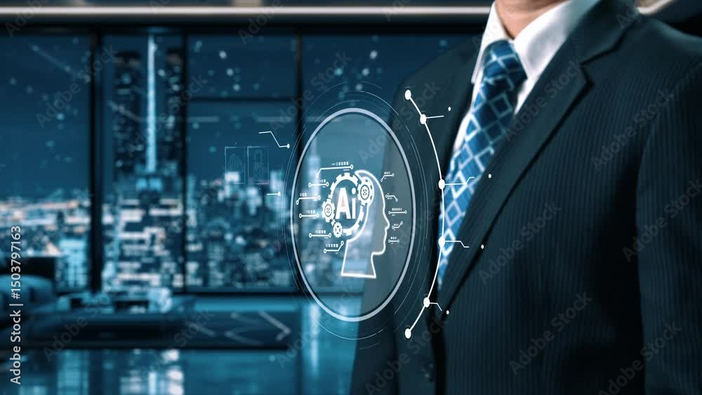 Poster human interact with ai artificial intelligence brain processor in concept of ai artificial intellige