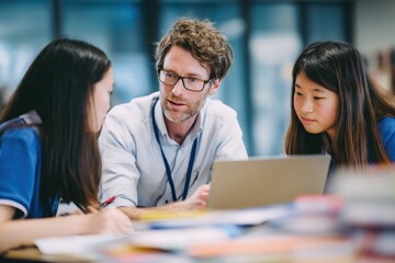 Teacher with students learning using laptop indoor