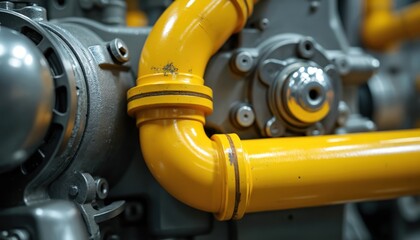 Obraz premium Close-up photo of industrial machinery featuring yellow piping and metallic components. Detail photo of factory equipment, manufacturing process, technology, engineering system.