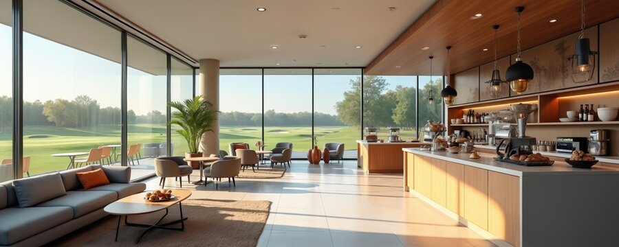 Modern lounge cafe interior with golf course view. Cafe shop with furniture, wooden tables, chairs, sofa, bright windows, glasses. Contemporary design, minimalist space, open airy view, relaxing