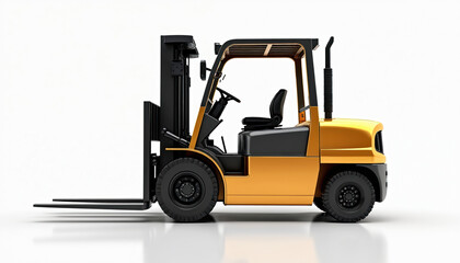 Modern gold forklift side view on white background. Industrial lifting equipment. Vehicle for warehouse cargo loading, unloading. Heavy duty machine with fork, mast, wheels, cabin,. Transport