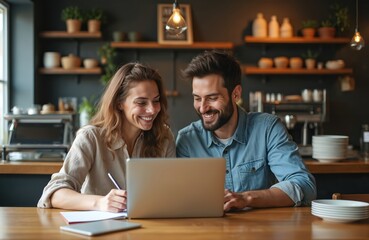 Two happy business owners working laptop cafe. Smiling man and woman in casual attire discuss business strategy. Friends work on project, looking finance data, enjoying teamwork and modern tech.