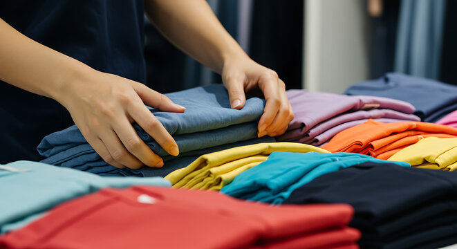 Hands carefully arranging a stack of folded colorful tshirts on a table