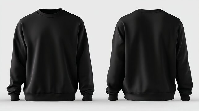 Front and back view of a black sweatshirt on a white background for fashion apparel presentation mockup