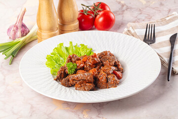 Fototapeta premium Hungarian goulash with beef meat