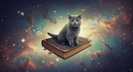 A whimsical adventure: Gray cat atop an ancient book amidst a cosmic background