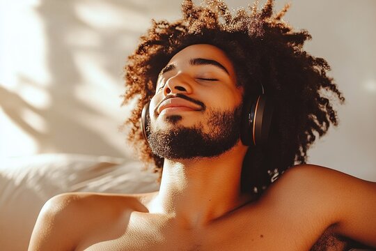 Serene Listener Afrohaired man soaking up sunlight