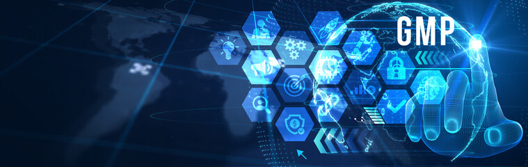 Good manufacturing practice certification quality control on virtual screen. GMP. 3d illustration