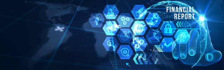 Analyzing financial report data company operations, balance sheet, fintech.  3d illustration