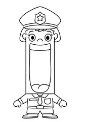 Funny cartoon female police captain outline with oversized mouth expression