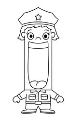Funny cartoon female police officer outline with exaggerated smile