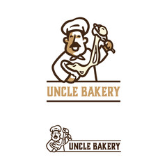 Happy smiling chef stirring dough. Illustration of a man have big moustache and wearing apron for your bakery business logo