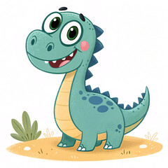 Fototapeta premium Cute funny baby dinosaur cartoon character vector illustration with a wild green smile
