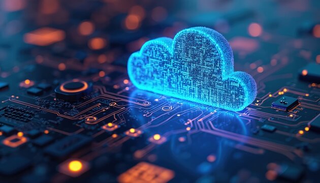 Illuminated cloud computing network illustration with digital circuitry. Technological advancements. Cloud storage, data transfer, cyber security. infrastructure, innovative tech solutions, digital