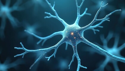 Illustration depicts neuron cell with connections. Blue and white colors create abstract art of a nerve cell. Brain cells, neural connections, communication, thoughts, intelligence concepts.